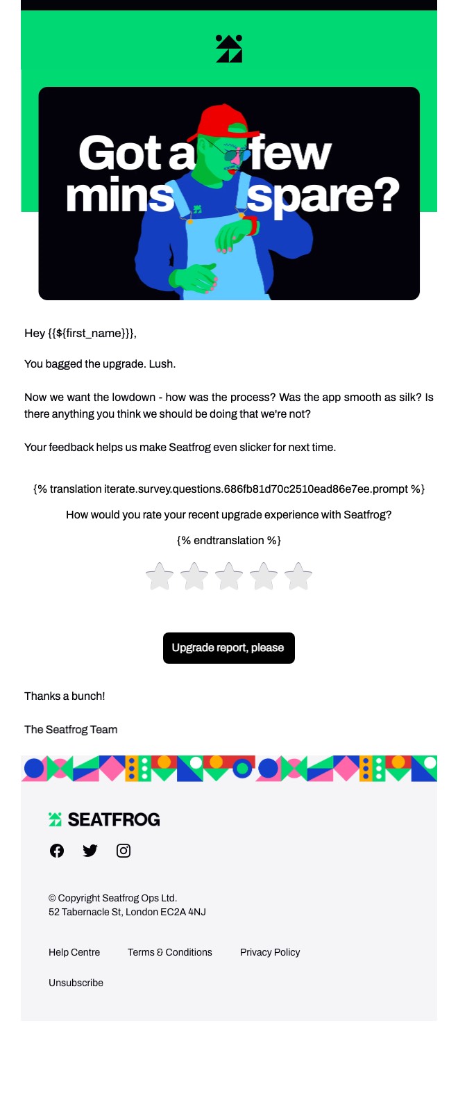 Post-upgrade survey email: template render of the captured creative